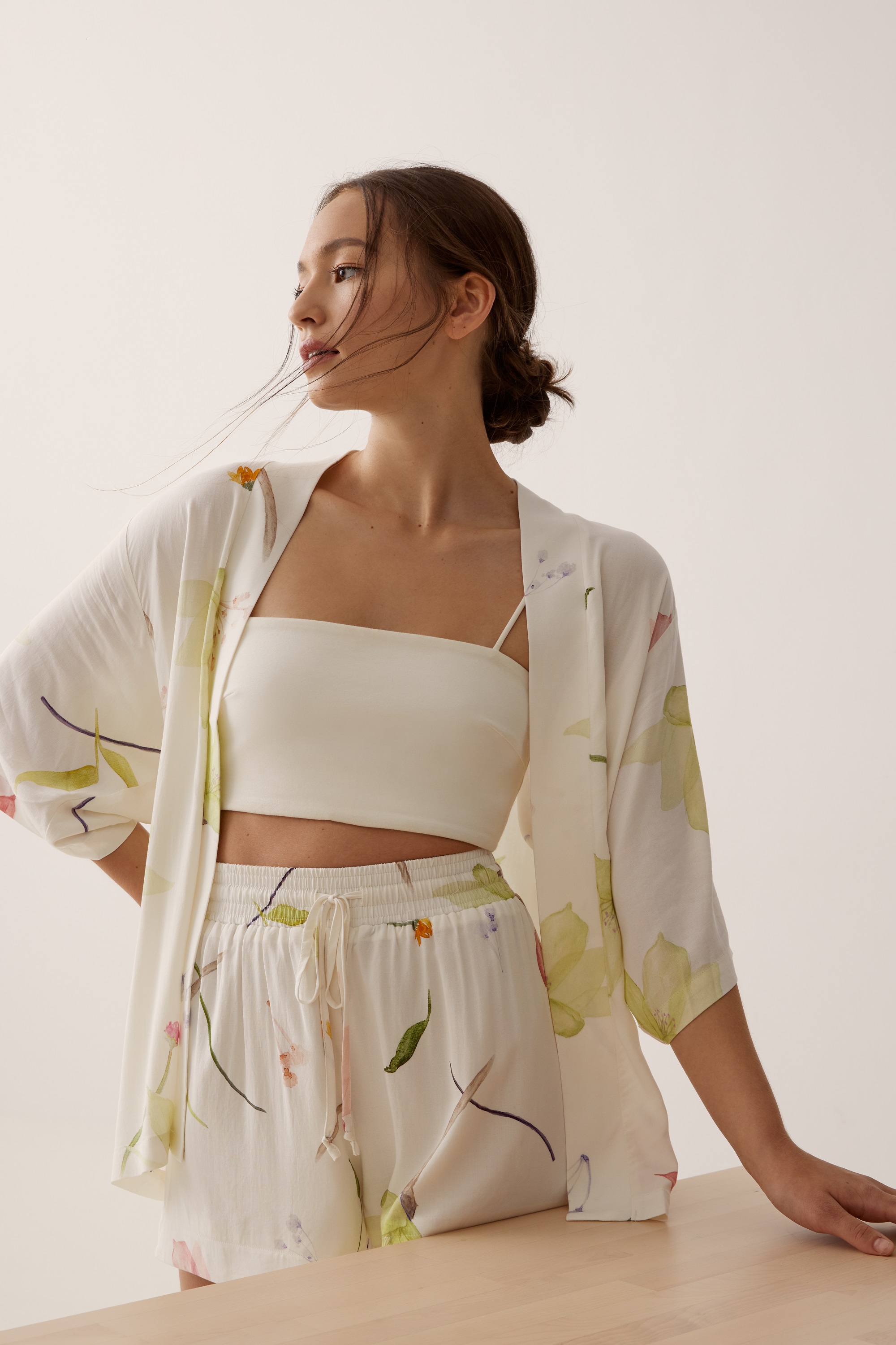 LB Loungewear_Lennea Lounge Kimono and Verita Rayon Lounge Shorts in Renewed Blooms (White).jpg