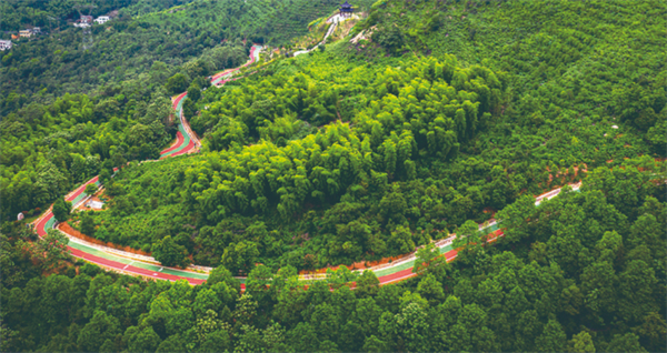 綠道。以原有森林防火隔離帶路面為基礎的紅綠相間的「綠道」，如同一條綵帶，飄舞在九郎山間，可供遊人和騎行者徜徉其間。.jpg